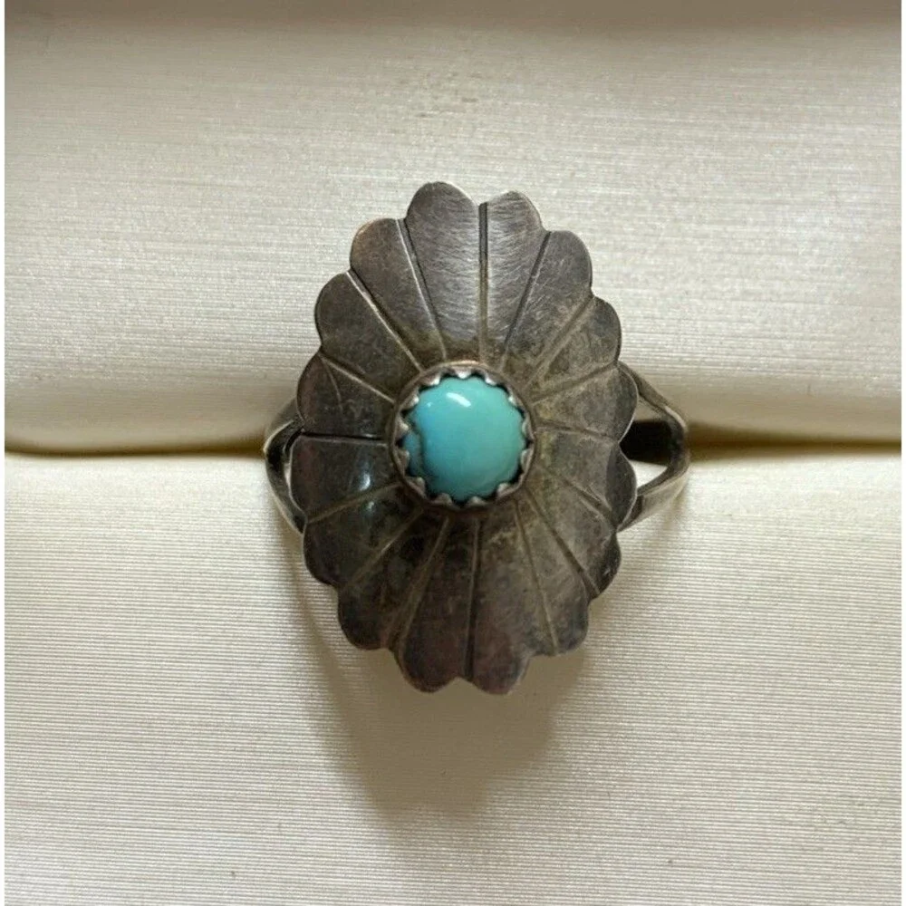 Vintage Navajo Concho Flower Turquoise Sterling Silver Ring Boho Size 7